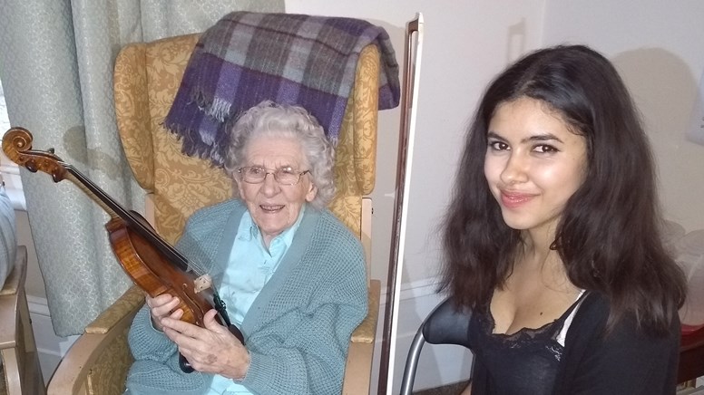 undefinedFormer Governor to Benslow Music Instrument Loan Scheme Jean Harris on her 98th birthday with borrower Sasha Scott and the Jean's violin that she borrows.